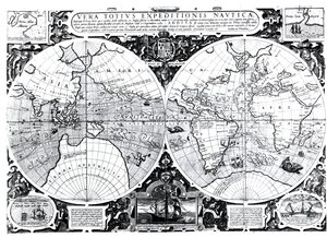 Mapa mundial; Vera Totius Expeditionis Nauticae, traçando a circunavegação do globo por (esquerda) Sir Francis Drake (1540-96) e (direita) Thomas Cavendish (1560-92) c.1595